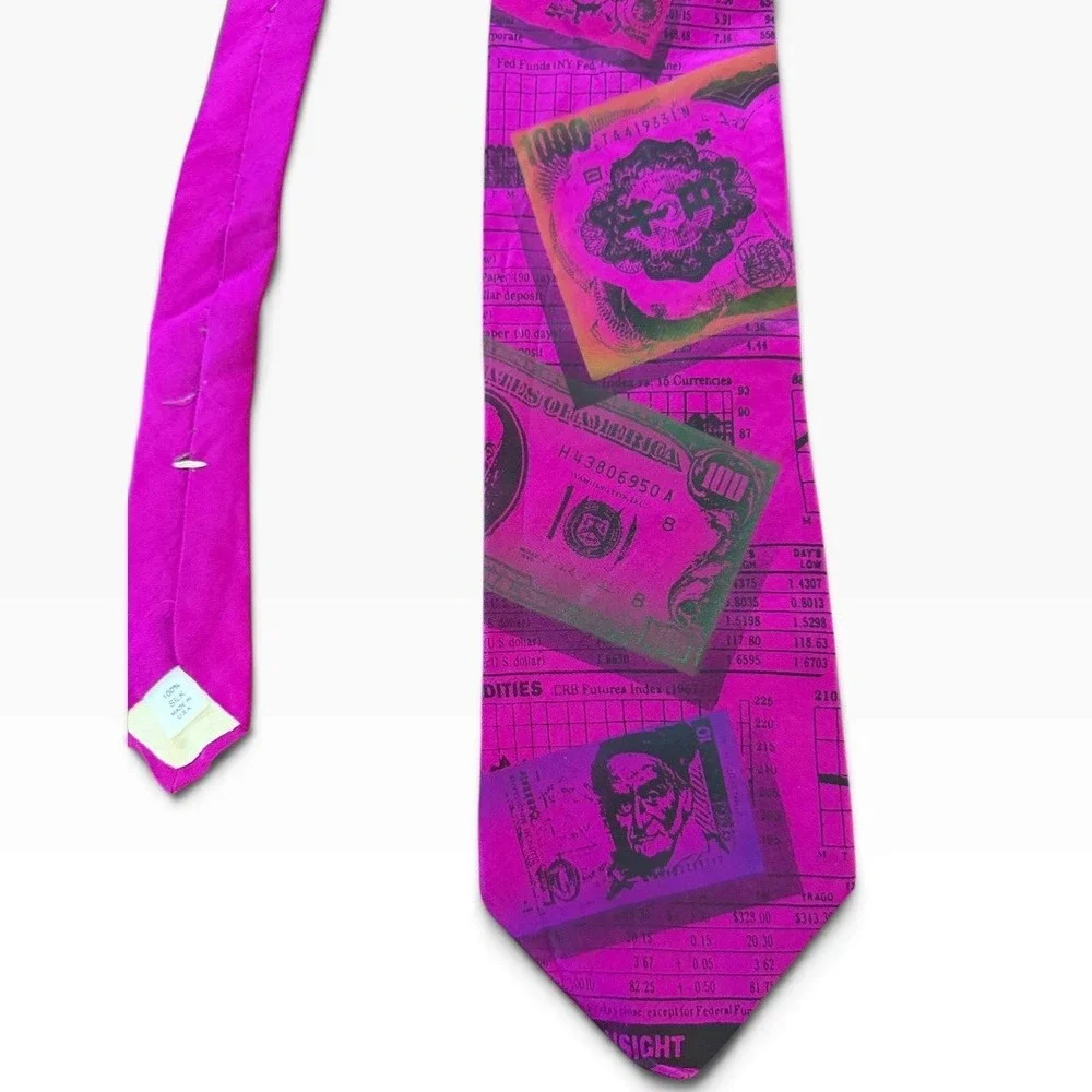 Flamingo Joe Mens Silk Tie Magenta Pink Currency Money Stock Market Finance USA
